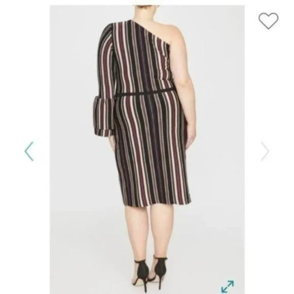 NEW Rachel Roy Dress 2X One Shoulder Bell Sleeve Stripe Black Maroon Gold - Picture 2 of 2